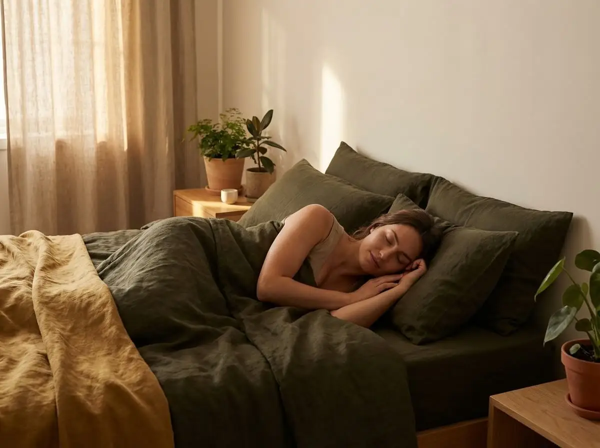 Frau schläft friedlich im gemütlichen Schlafzimmer mit Pflanzen